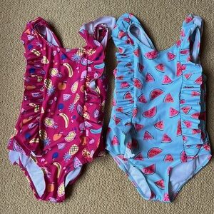 2 Andy & Evan bathing suits size 5Y. One pink w fruit, one blue w watermelon
